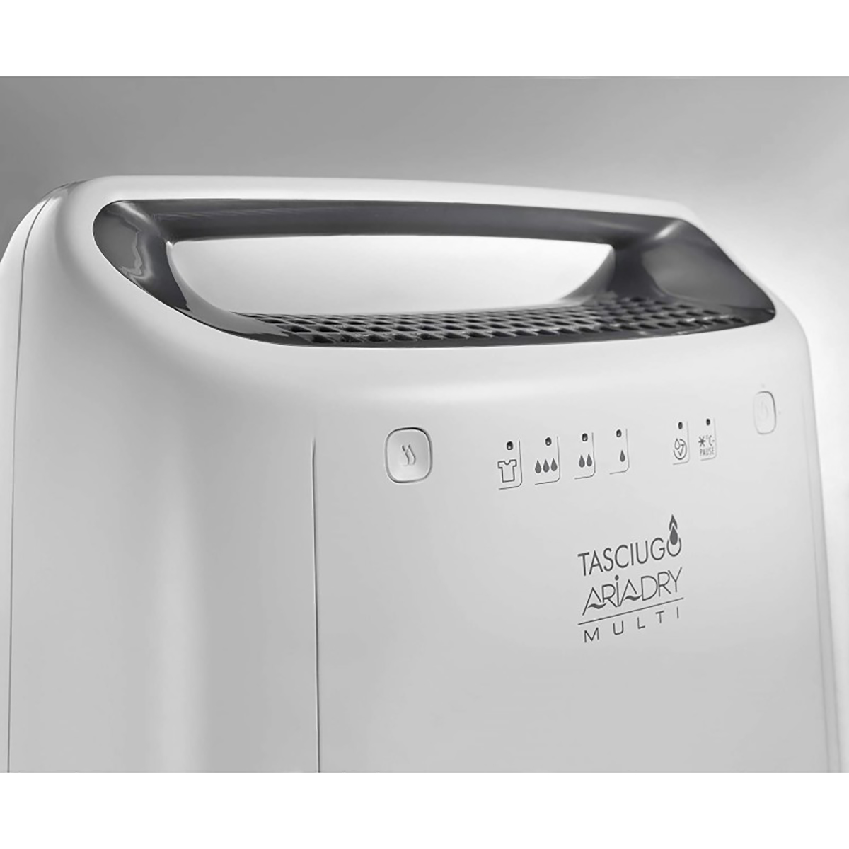 Deumidificatore bianco con pulsanti e display. Sfondo grigio.