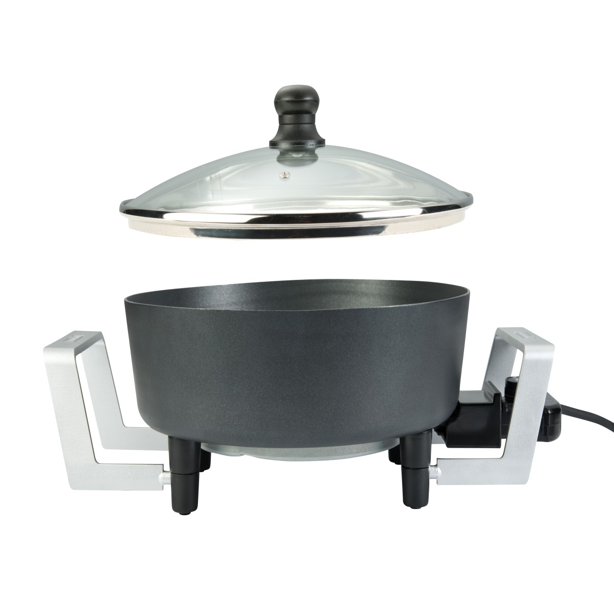 Juego de fondue eléctrico negro. Una olla negra con tapa de vidrio y soportes plateados. El juego está sobre una superficie blanca.