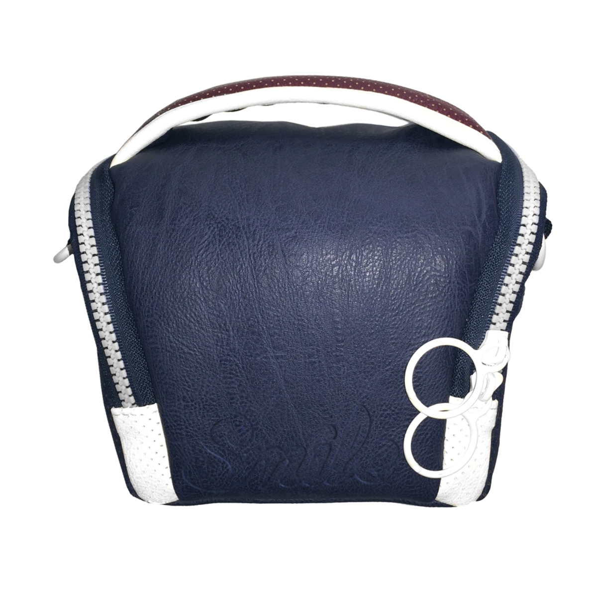 Se muestra una bolsa azul marino con detalles blancos y una cremallera blanca.