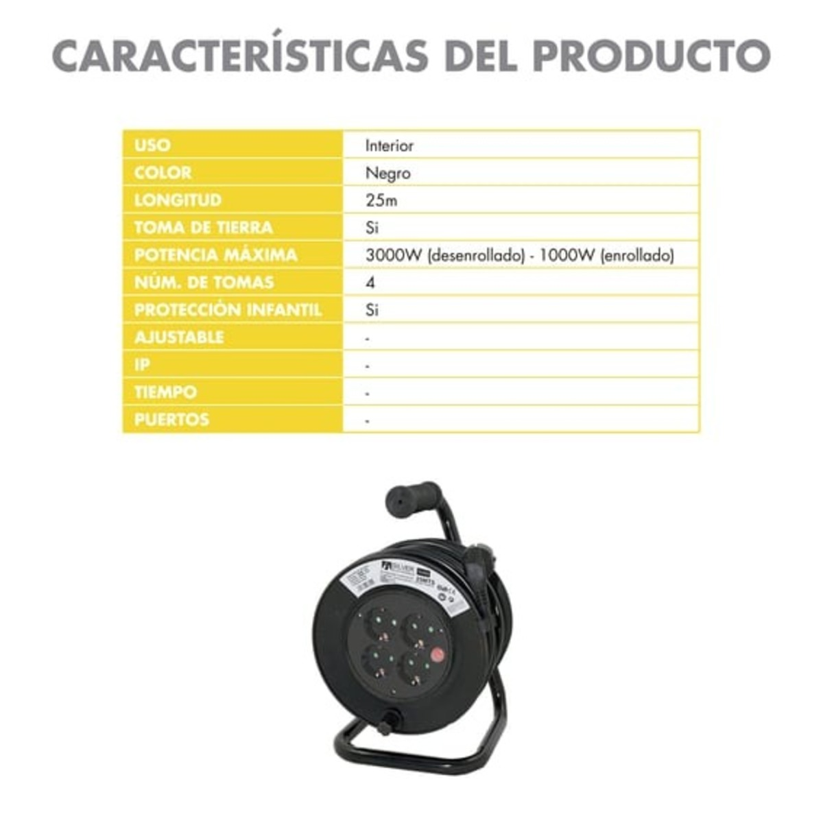 Una tabella informativa sul prodotto e un avvolgicavo nero con quattro prese sono mostrati.