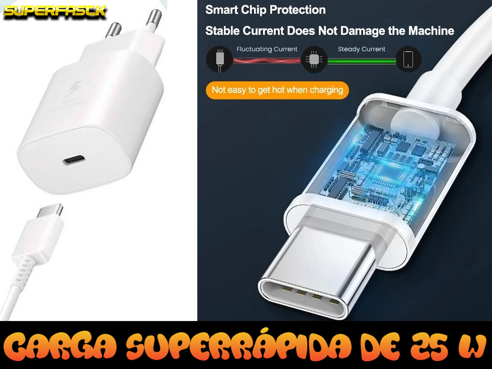 Un cargador de teléfono blanco y un cable con texto. El cable está conectado.