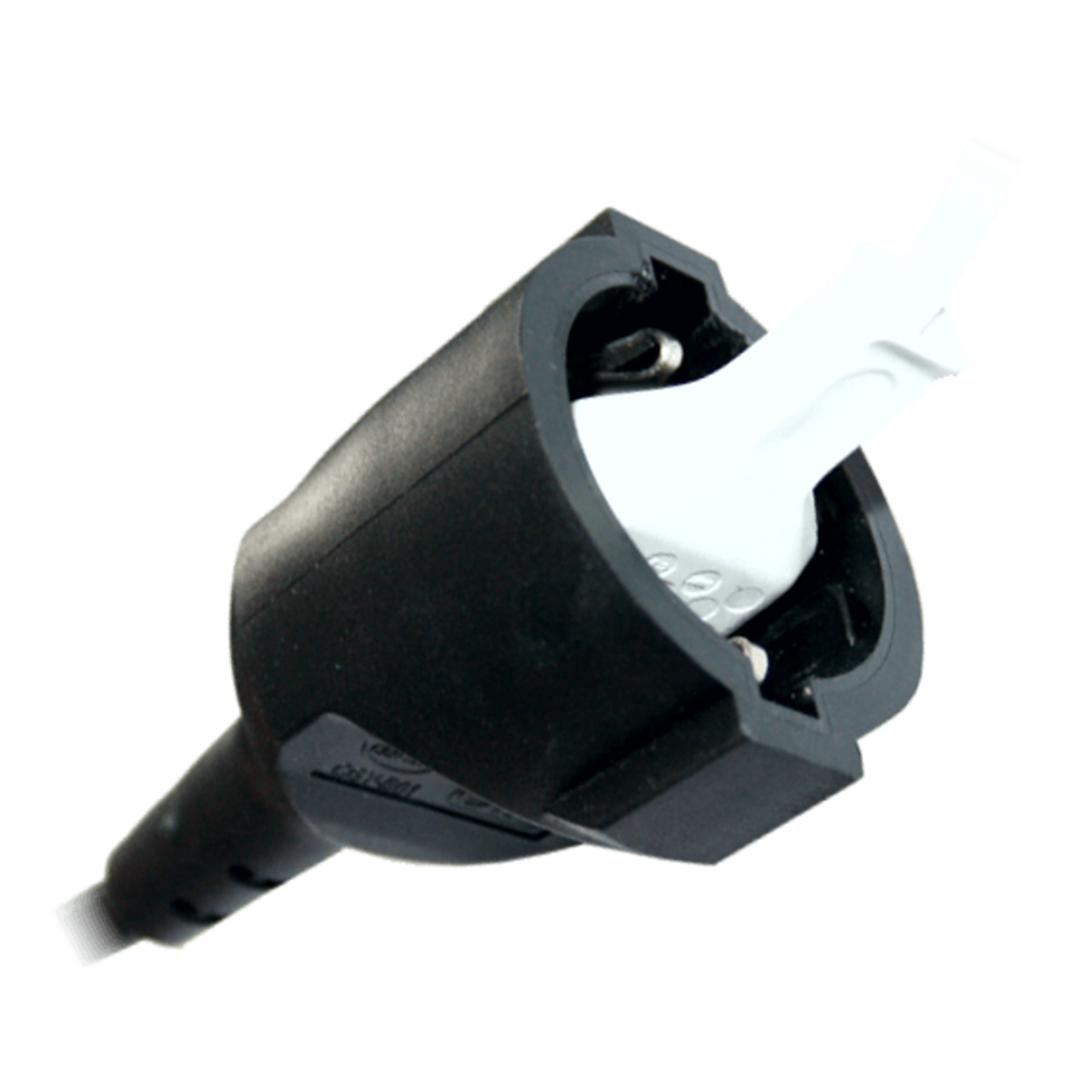 Enchufe eléctrico negro con una clavija blanca dentro.