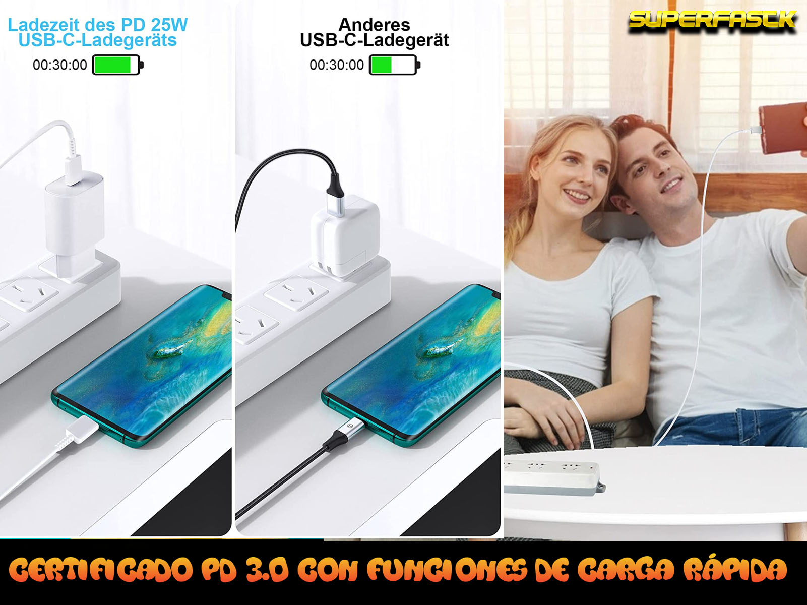 Las imágenes muestran teléfonos cargando. Una es una pareja tomando una selfie. Las imágenes anuncian carga rápida PD 3.0.