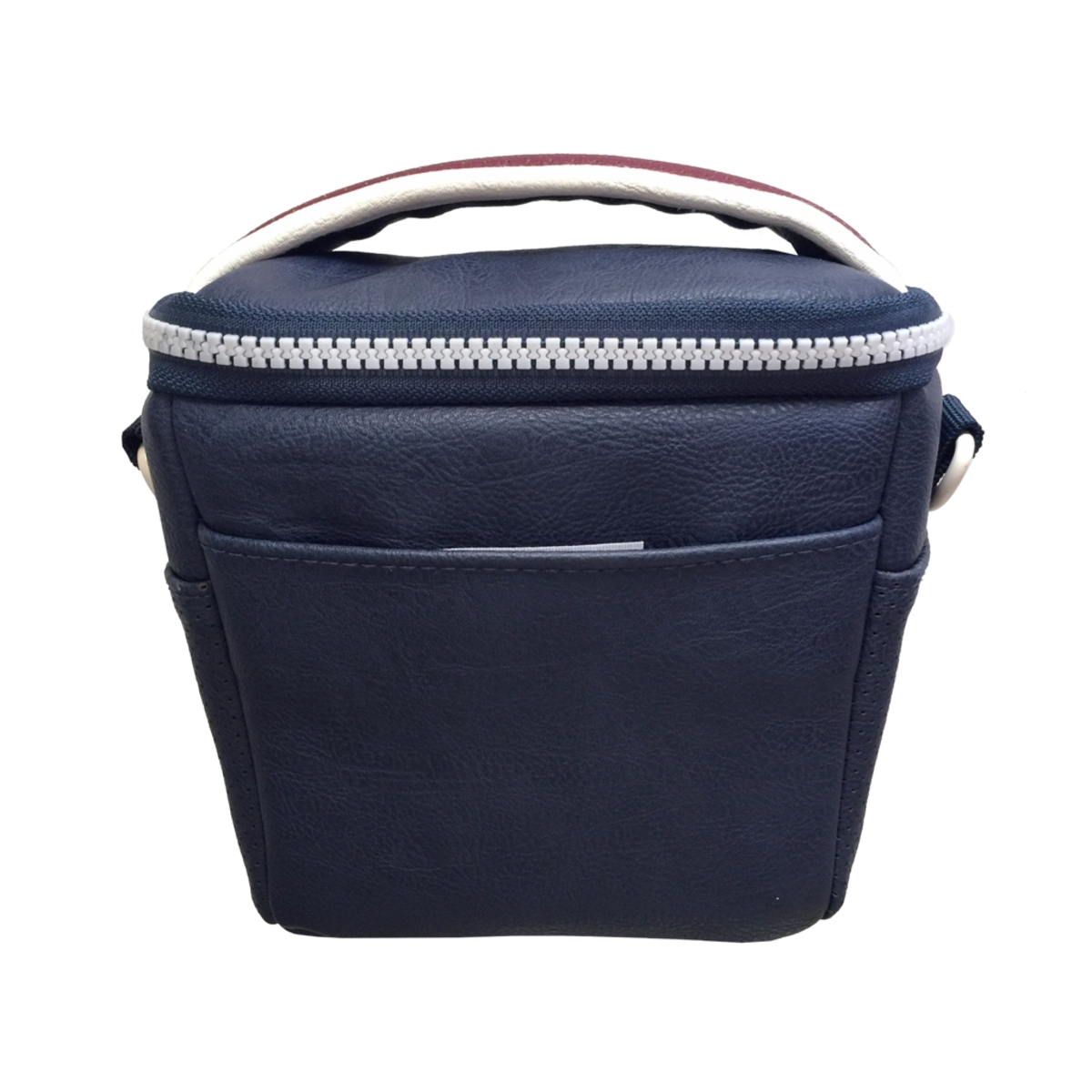 Bolsa de almuerzo azul con cremallera blanca, asa y un bolsillo en la parte delantera.