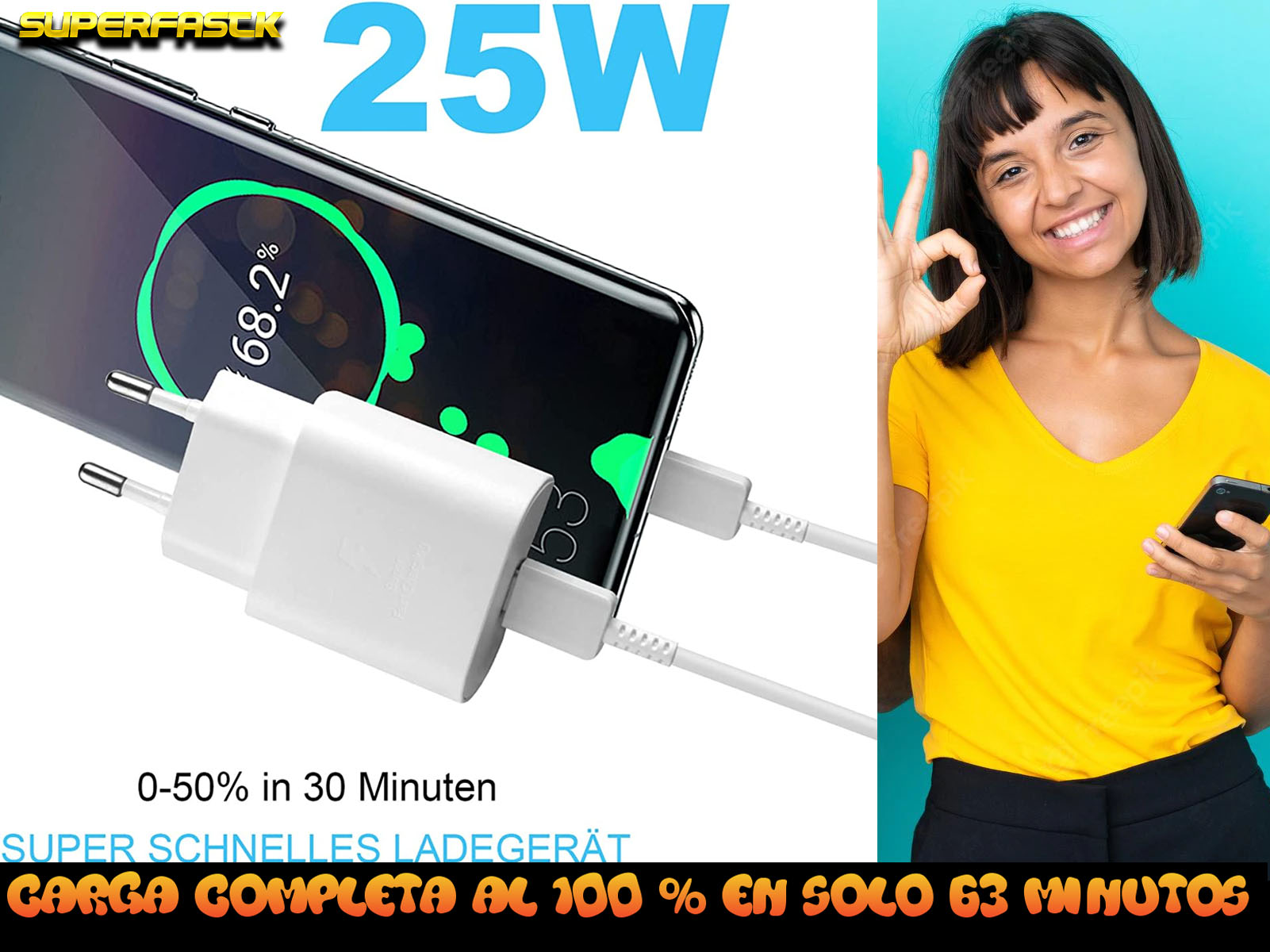 Mujer con teléfono junto al cargador. Texto: 25W. Cargando teléfono con texto.