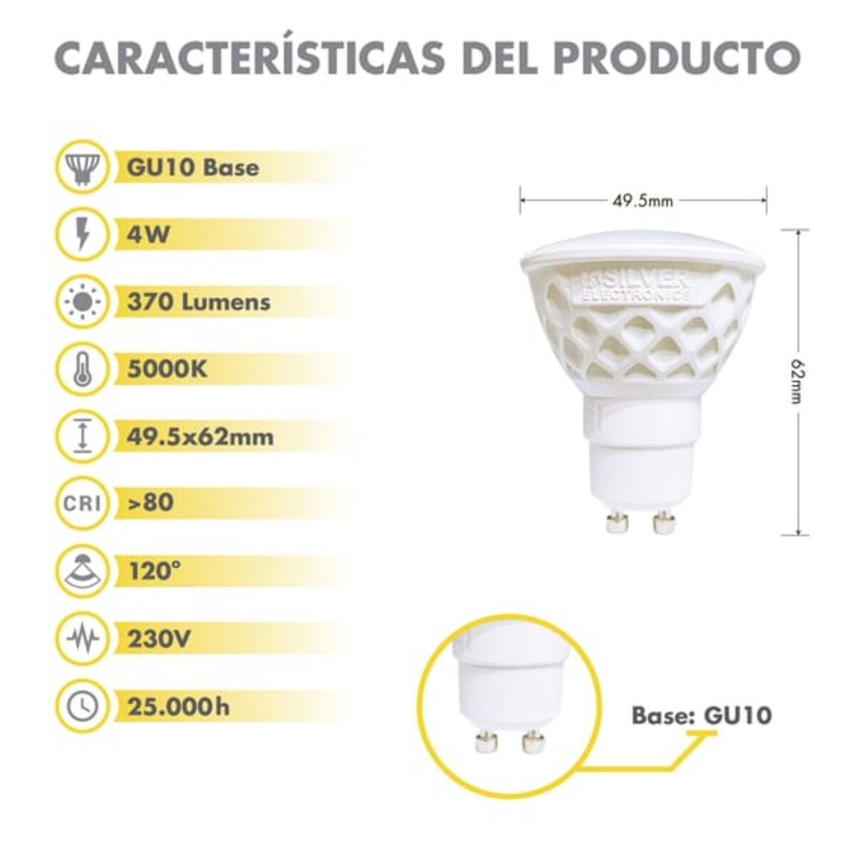 Bombilla base GU10 con gráfico de especificaciones. Bombilla blanca con detalles plateados y dimensiones.