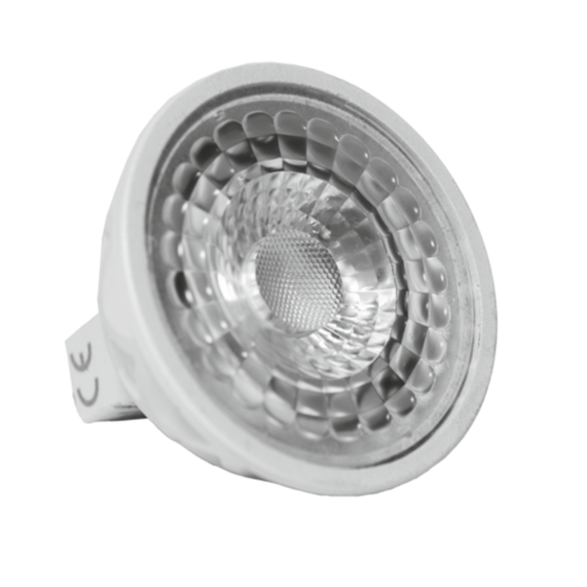 Bombilla LED plateada con frontal texturizado. Fondo negro.