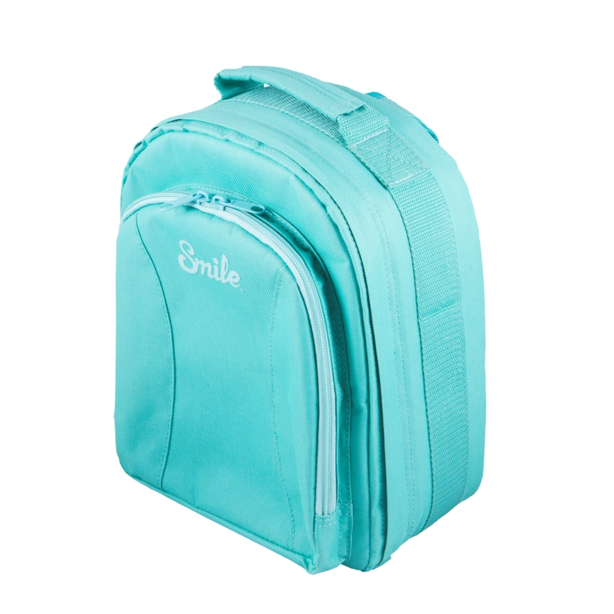 Una bolsa de almuerzo turquesa con asa, cremallera y la palabra "Smile".