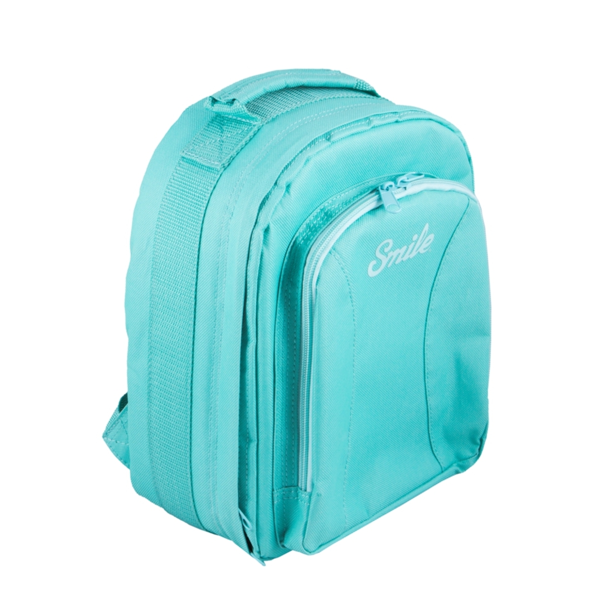 Mochila azul aguamarina con la palabra "Smile". Tiene bolsillos y un asa en la parte superior.