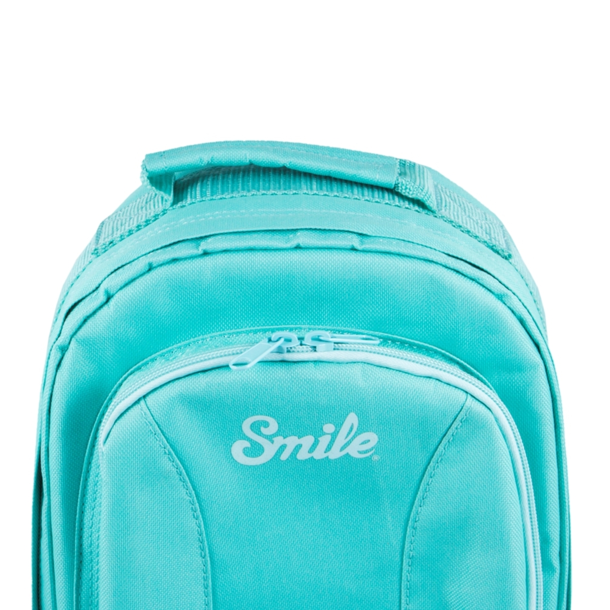 Mochila turquesa con texto blanco 'Smile'. La mochila tiene una cremallera y un asa.