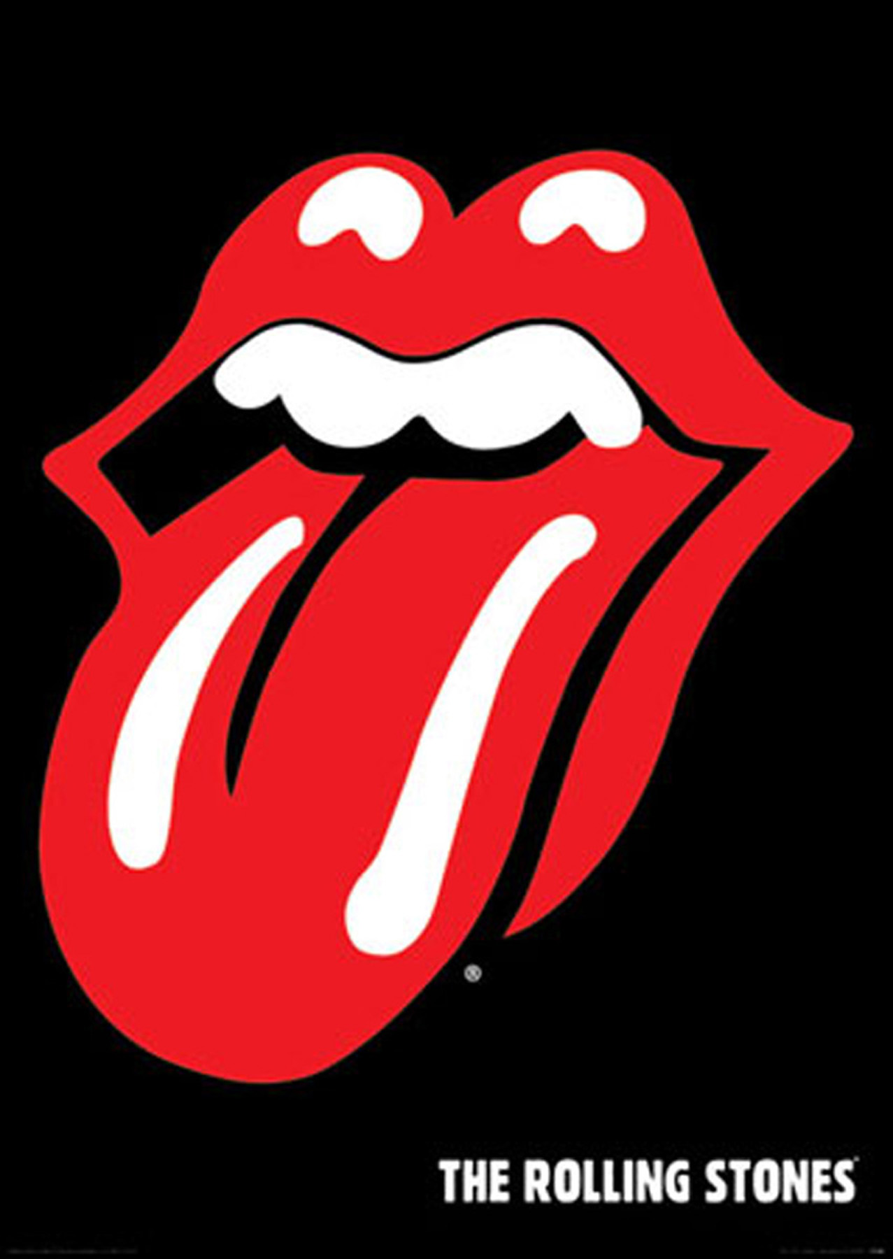 Rolling Stones Logo. Rote Zunge und Lippen auf schwarzem Grund, mit weißem Text unten.