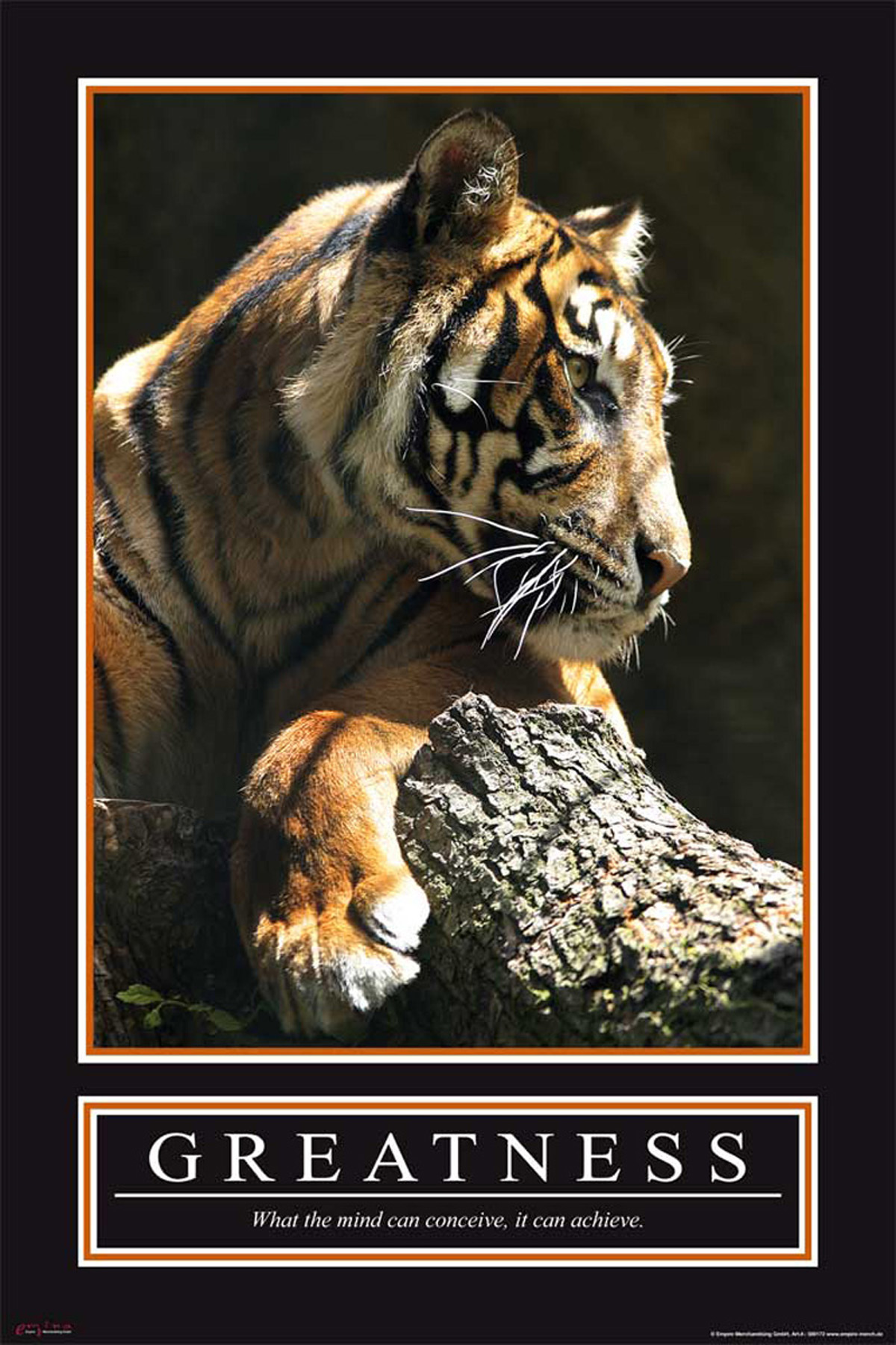 Tiger liegt auf einem Baumstamm mit GREATNESS-Poster darunter. Text: Was der Verstand sich vorstellen kann, kann er erreichen.