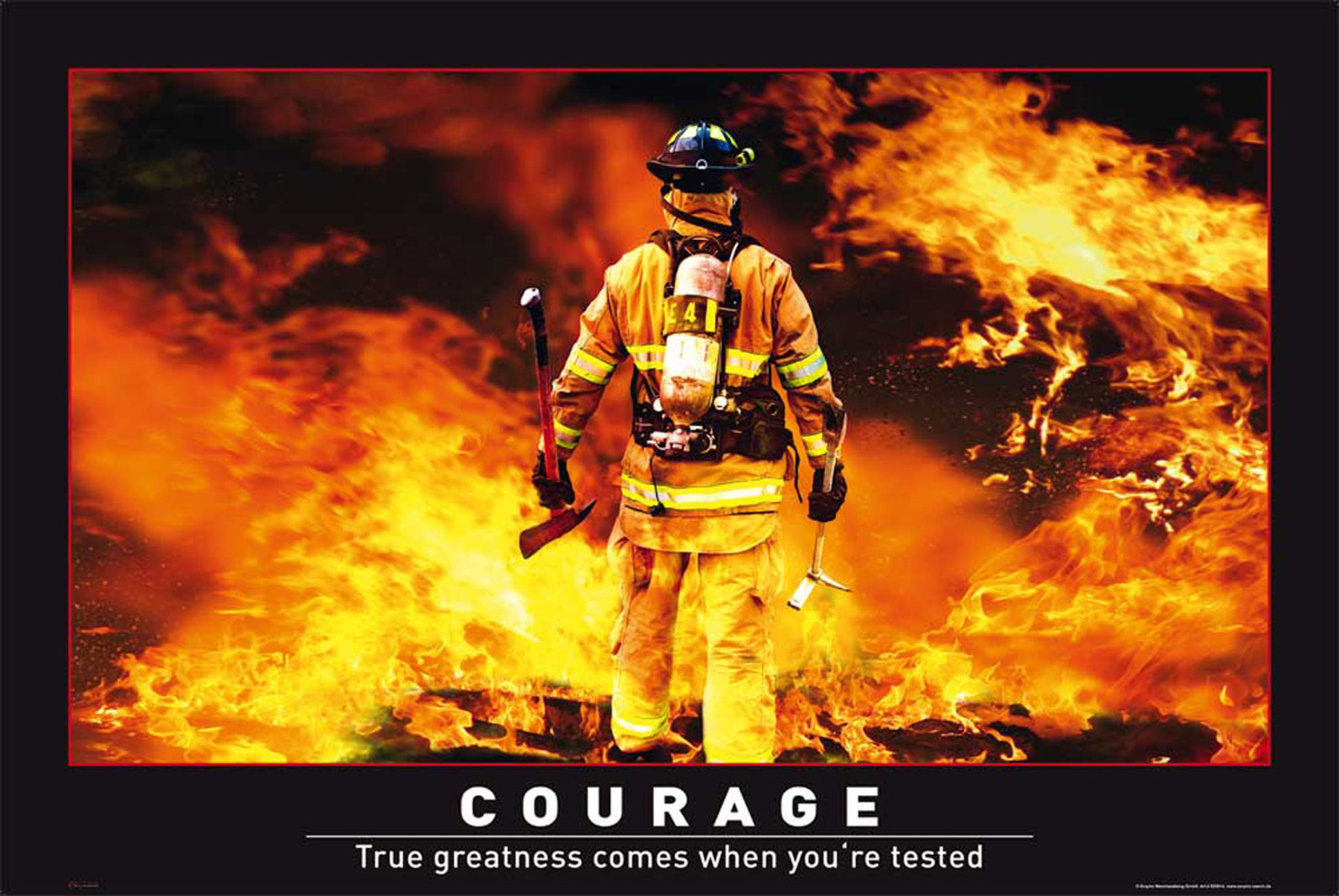 Mut-Poster mit einem Feuerwehrmann vor Flammen. Rote und orangefarbene Farben.