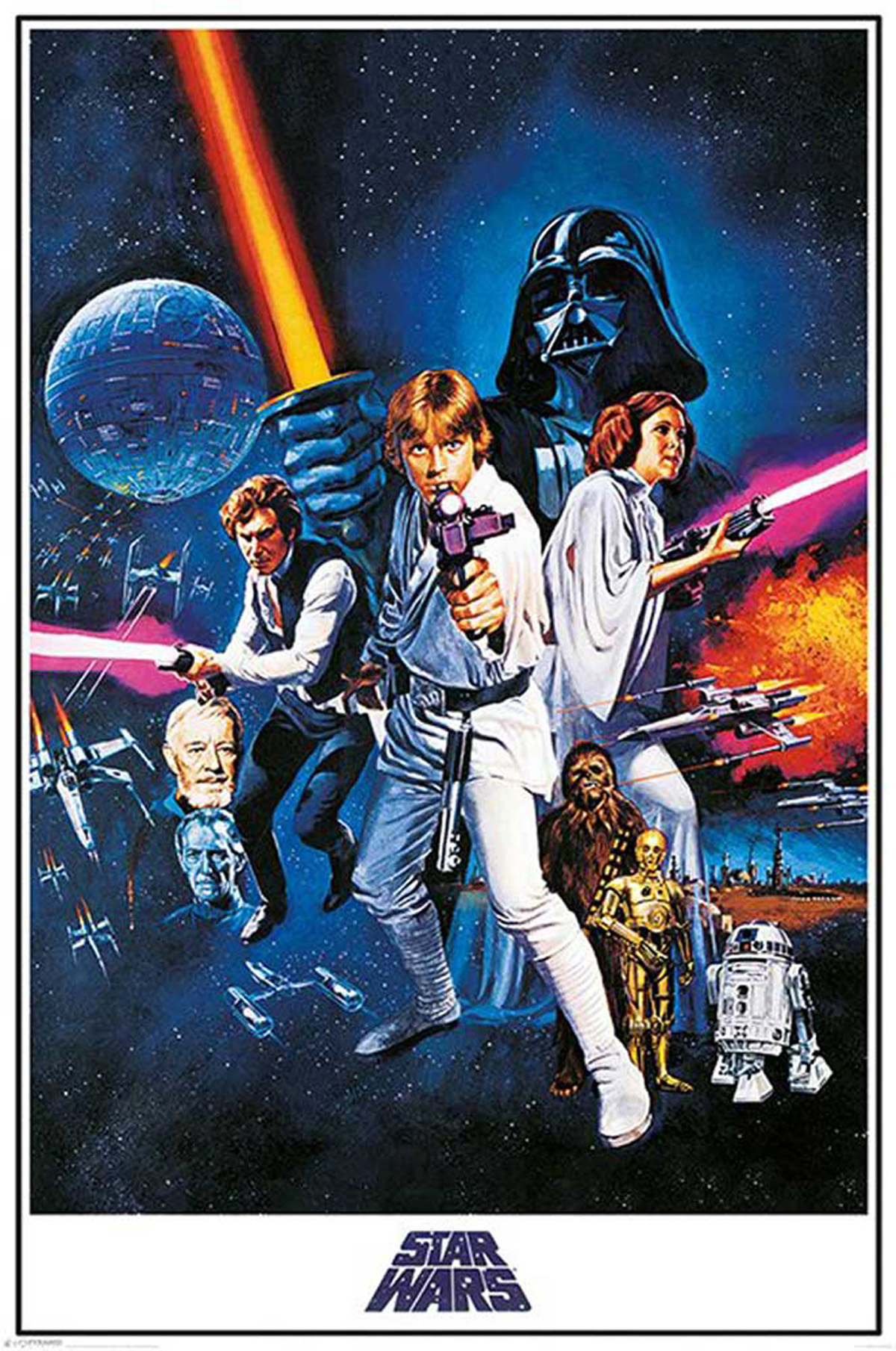Star Wars Filmplakat mit Figuren: Luke, Darth Vader, Leia, Han Solo, Chewbacca und Roboter.
