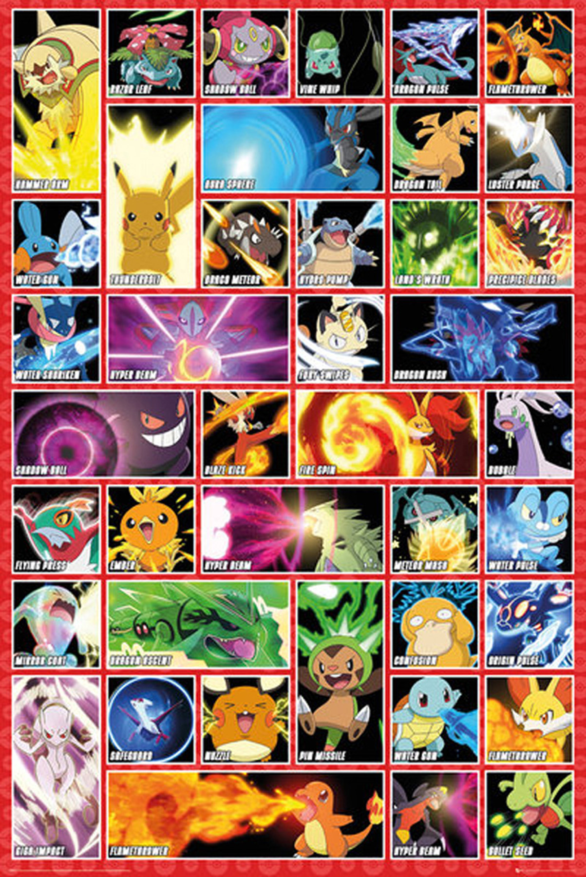 Ein Raster von Pokémon-Karten, jede mit einem Bild eines Pokémon und seiner Bewegung, auf rotem Hintergrund.