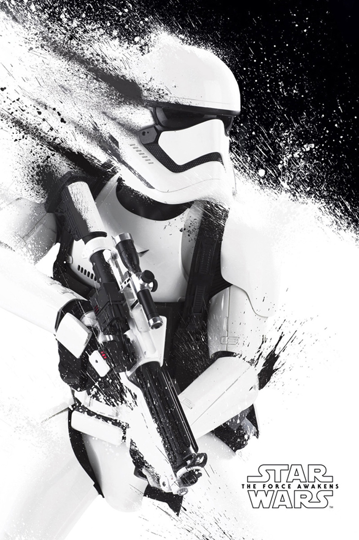 Star Wars Sturmtruppler mit Blaster. Schwarz-Weiß-Kunst, mit Farbspritzereffekt.