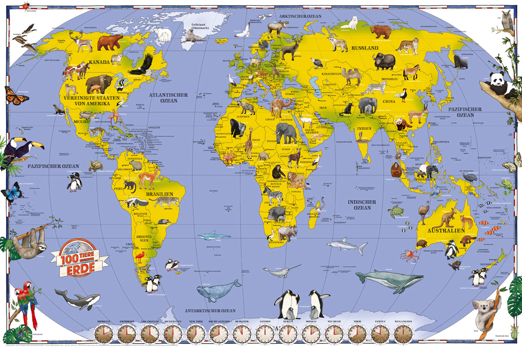 Landkarten - Kinderweltkarte Erde 100 - unserer Tiere