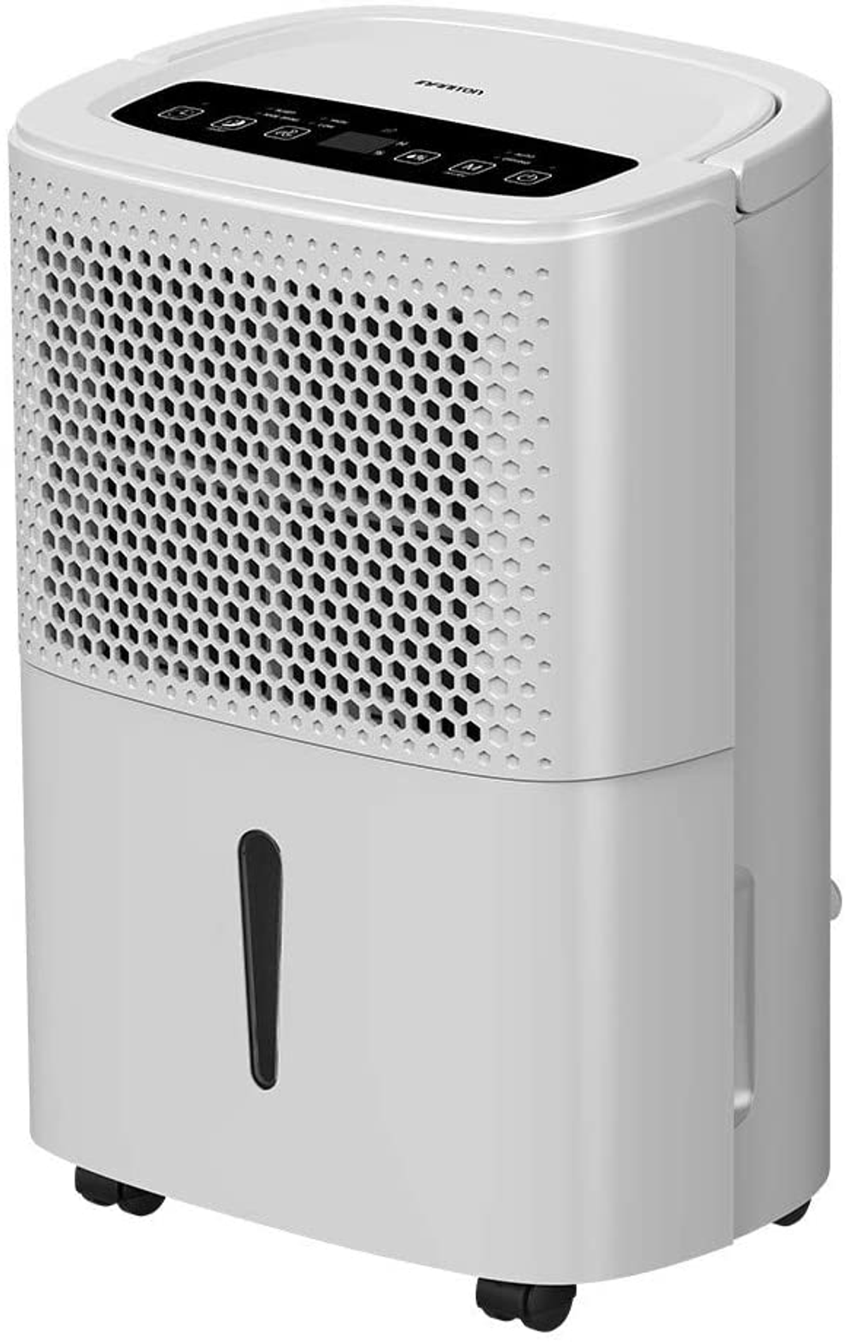 Un deshumidificador blanco con una rejilla y panel de control negros.