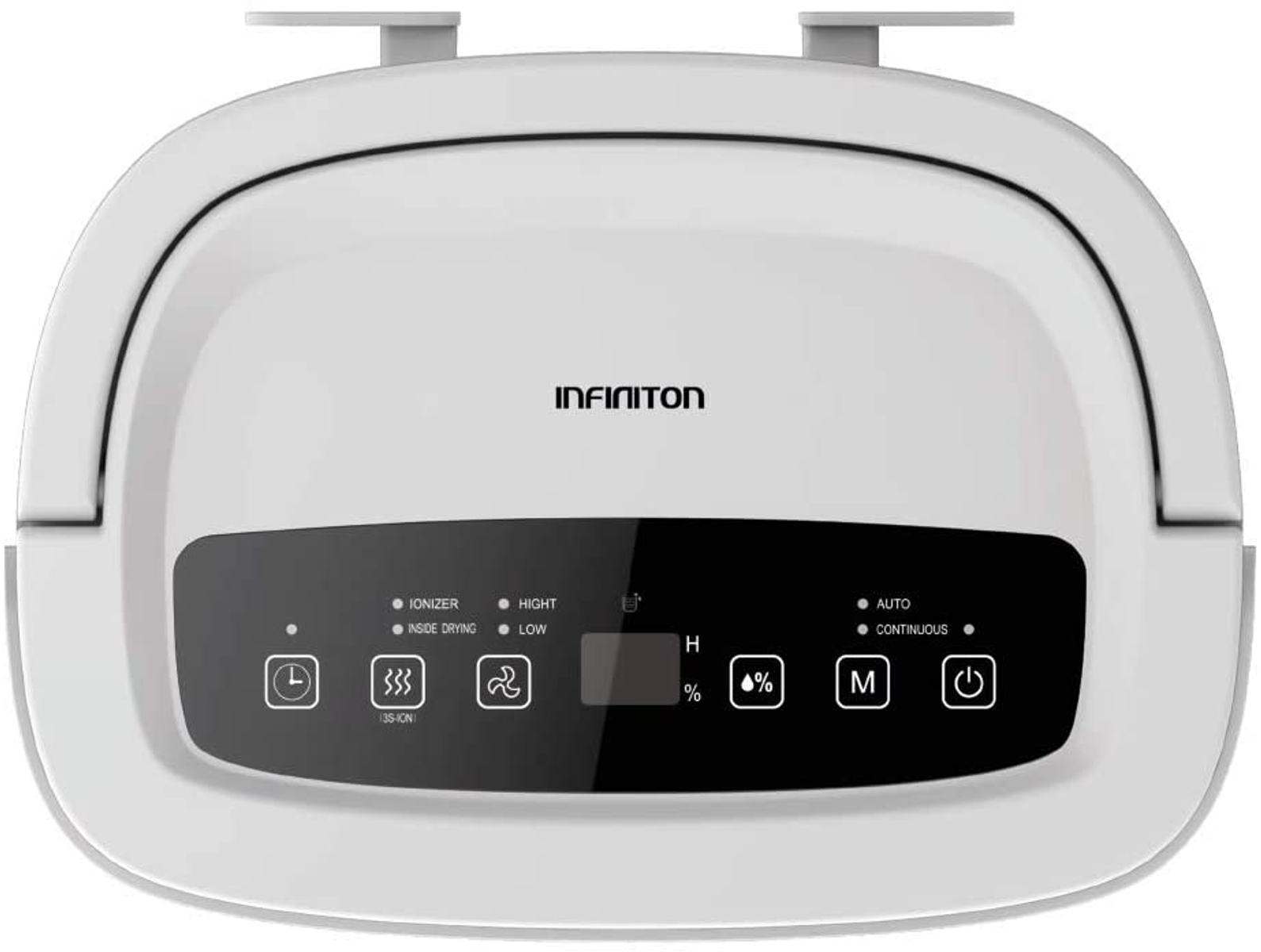 Un purificador de aire blanco y moderno con un panel de control negro, que muestra varios ajustes y una pantalla LCD.