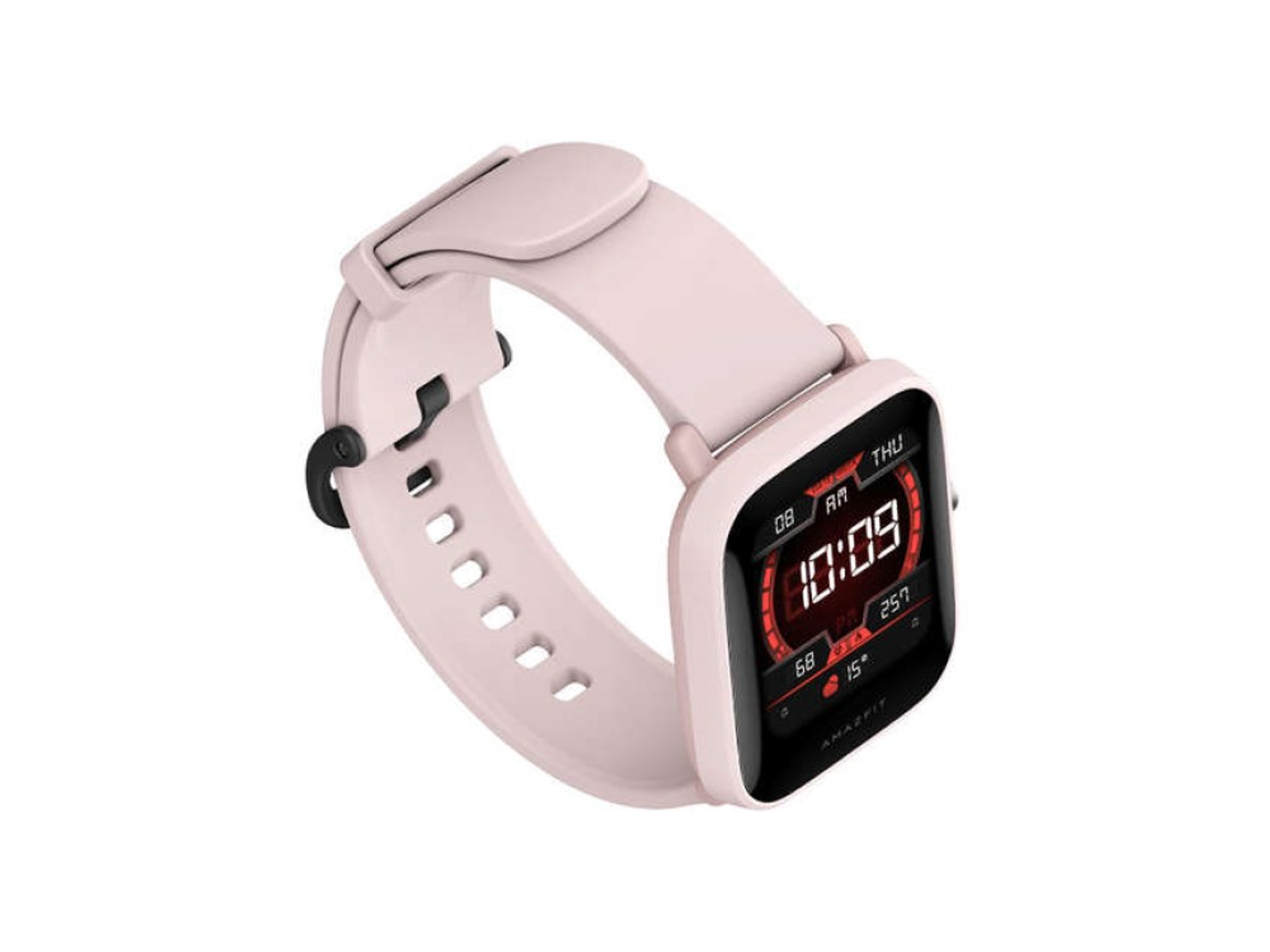 Uno smartwatch rosa che mostra l'ora, la frequenza cardiaca e la temperatura. Cinturino rosa.