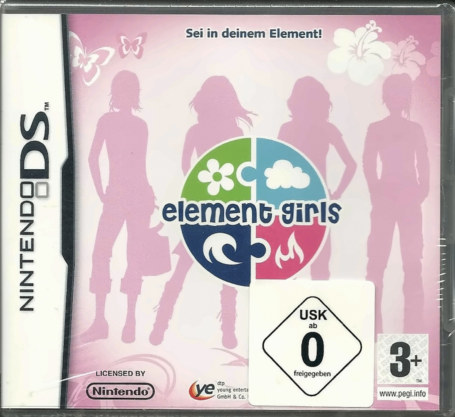 Spielbox mit Silhouette-Figuren. Das Spiel heißt Element Girls.