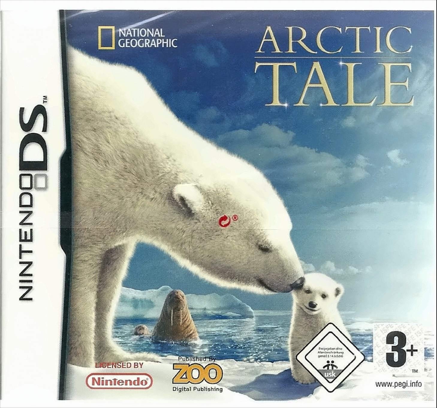 DS-Spielcover von Eisbär und Jungtier mit Walross im Wasser.