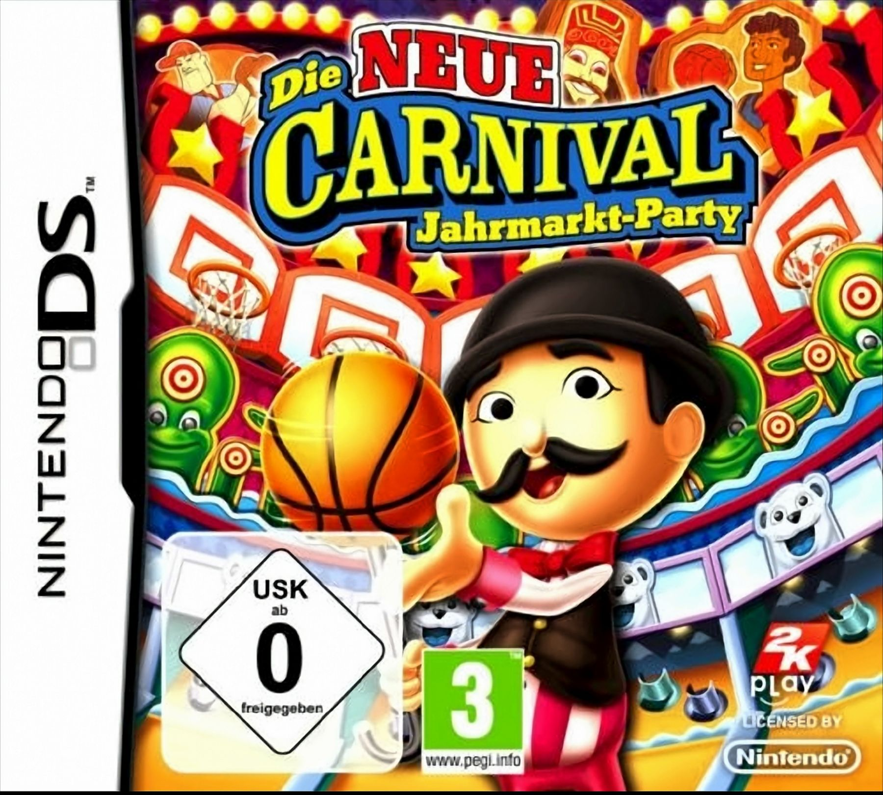Nintendo DS-Spielcover: Die Neue Carnival, Cartoon-Illustration eines Mannes.