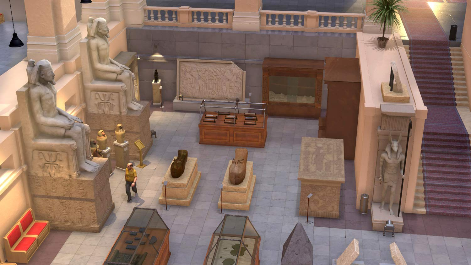 Museumsinneres mit Statuen, Artefakten in Vitrinen und einer Person, die geht. Beige- und Brauntöne.