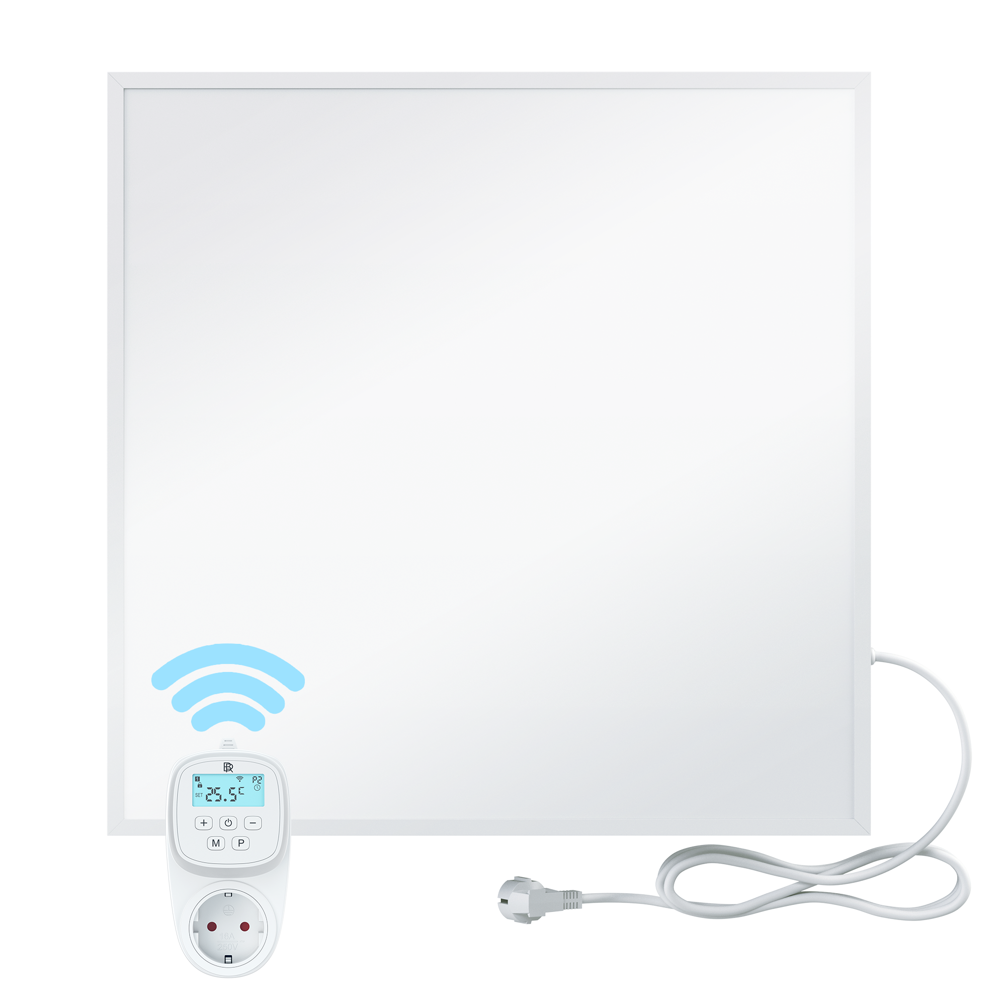 Weißer, rechteckiger Wandheizer mit Digitalanzeige und Stecker. Drahtlos-Signal-Symbol.