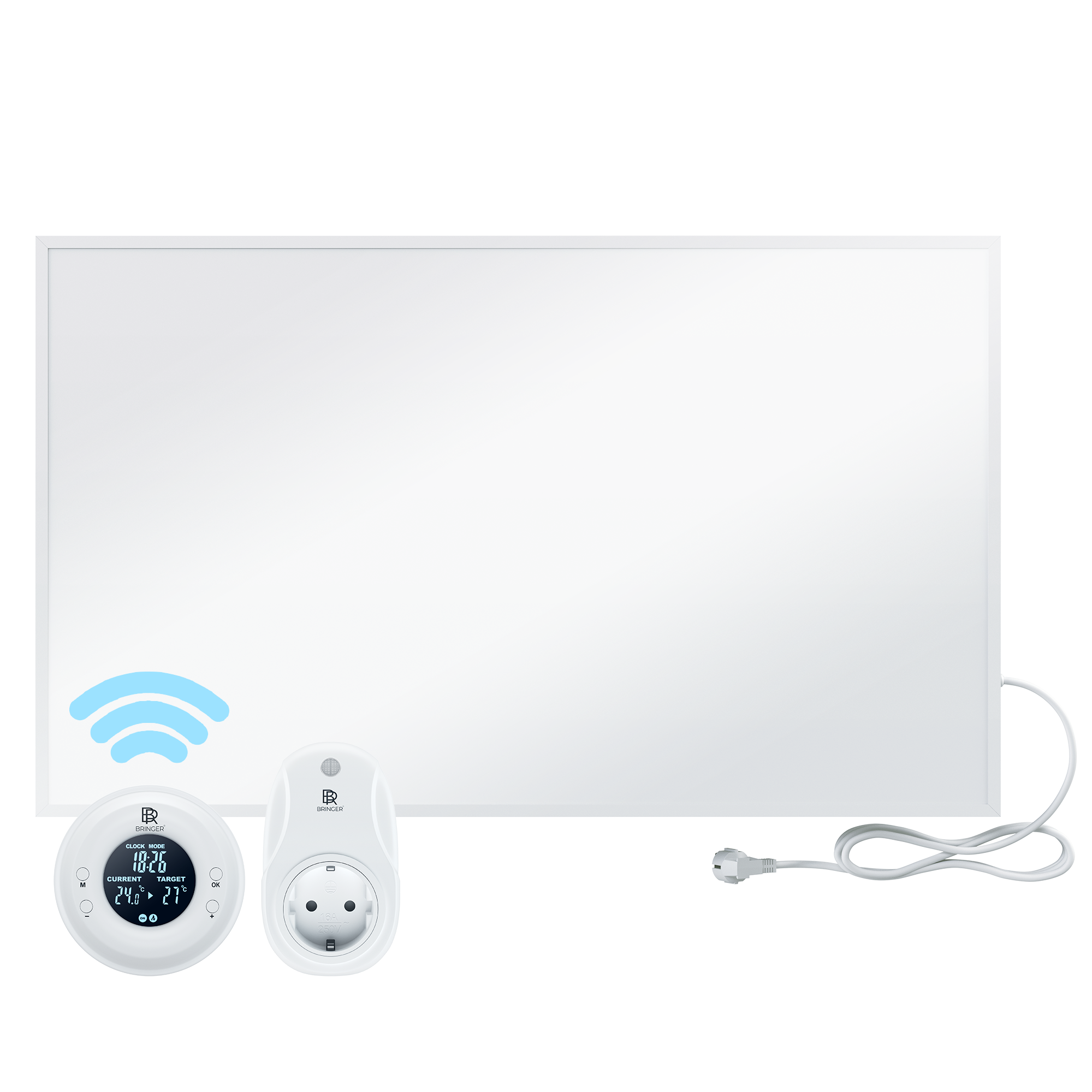 Weisse Smart-Heizung mit Bedienfeld und Stecker.