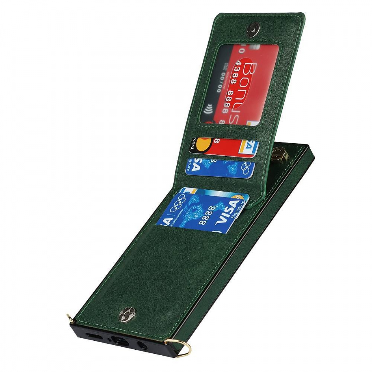 Eine grüne Handyhülle mit Kartenfächern und Magnetverschluss. Die Hülle ist geöffnet und zeigt Kreditkarten und ein Telefon.