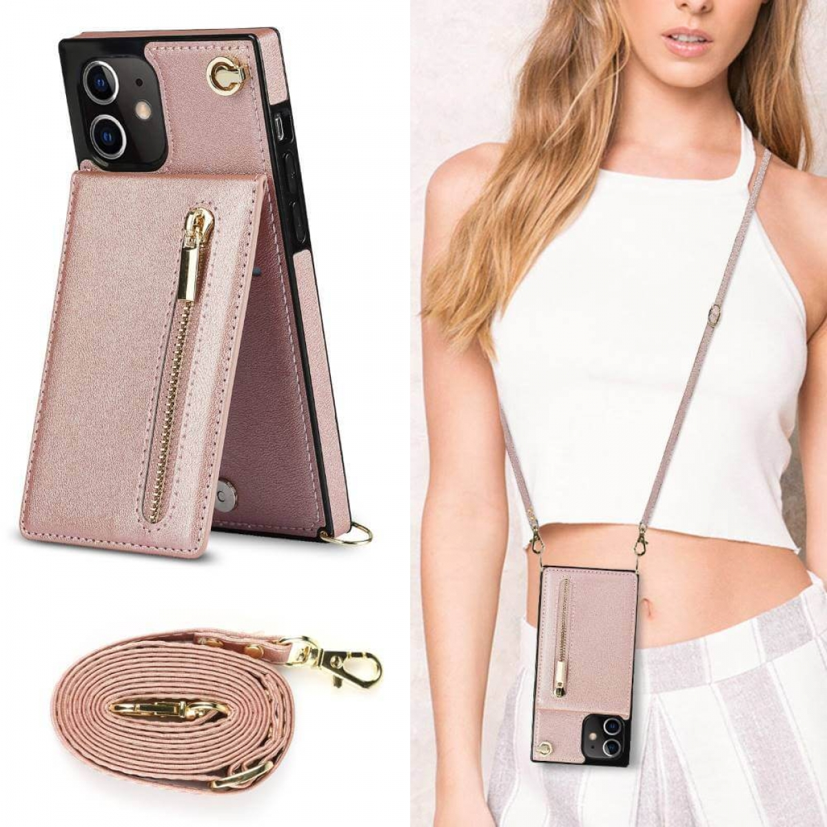 CASEONLINE Zipper Necklace, Umhängetasche, 12 iPhone Mini, Rose Apple