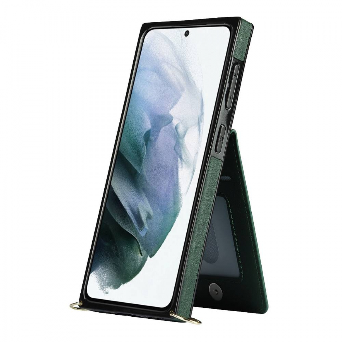 Grüne Handyhülle mit Ständer und einem Telefon. Das Telefon ist schwarz.