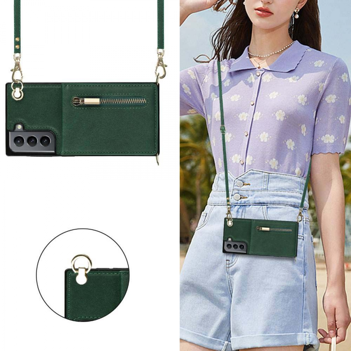 Frau, die eine grüne Handyhülle im Crossbody-Stil trägt.