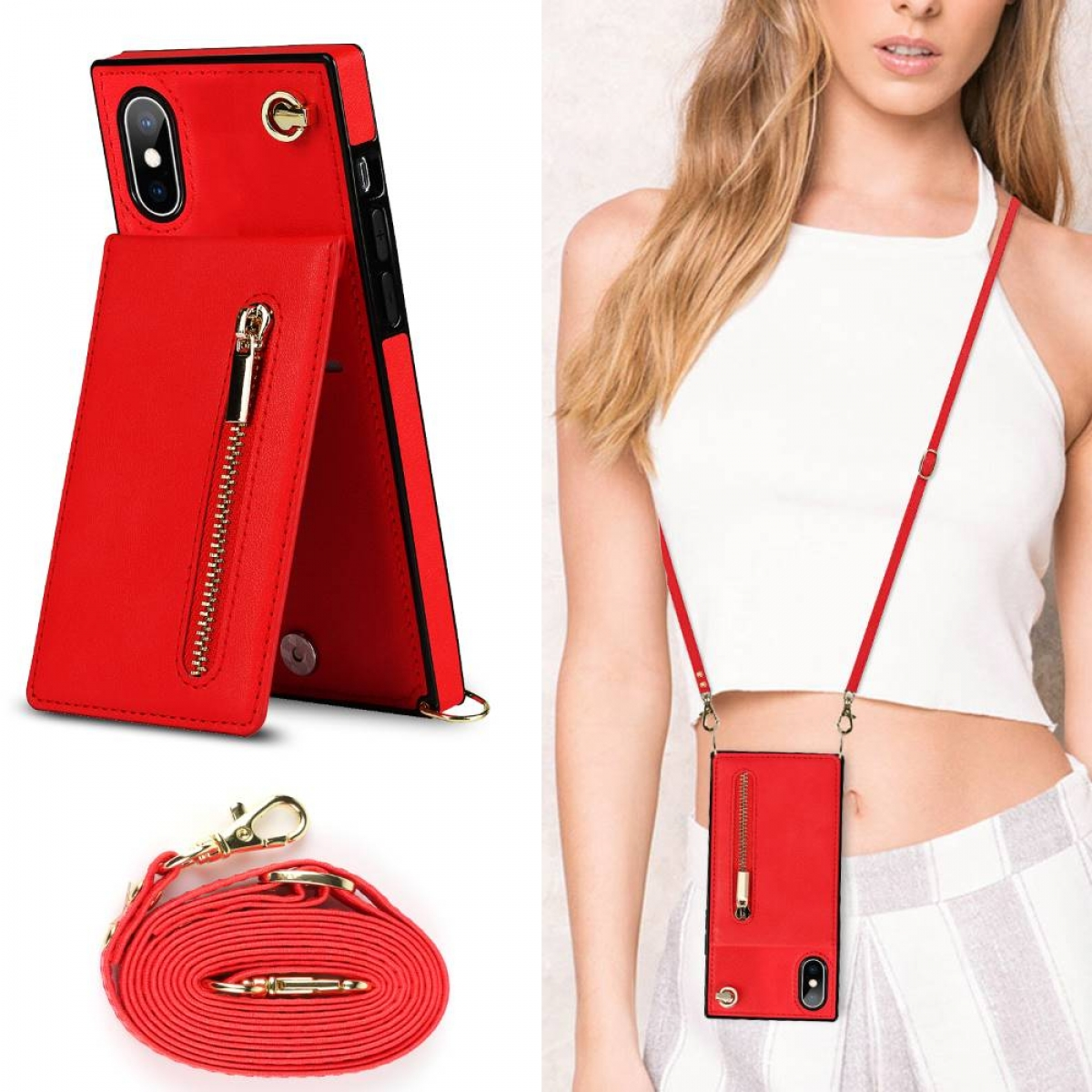 CASEONLINE Rot Zipper iPhone Umhängetasche, X, Necklace, Apple,