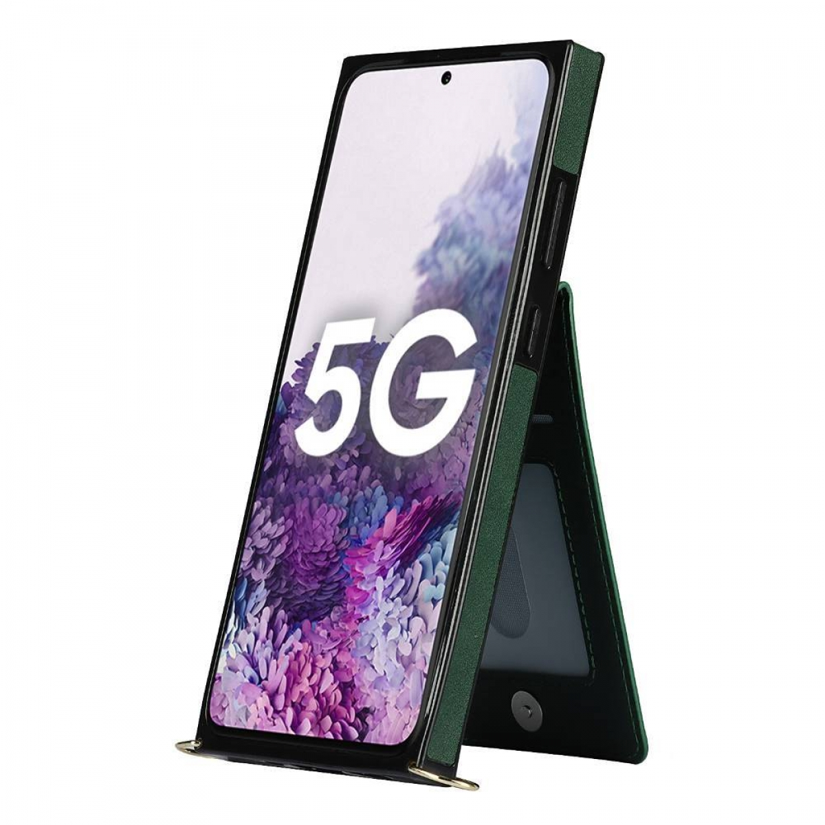 Eine grüne Handyhülle mit einem Telefon, das '5G' anzeigt. Das Telefon steht aufrecht.