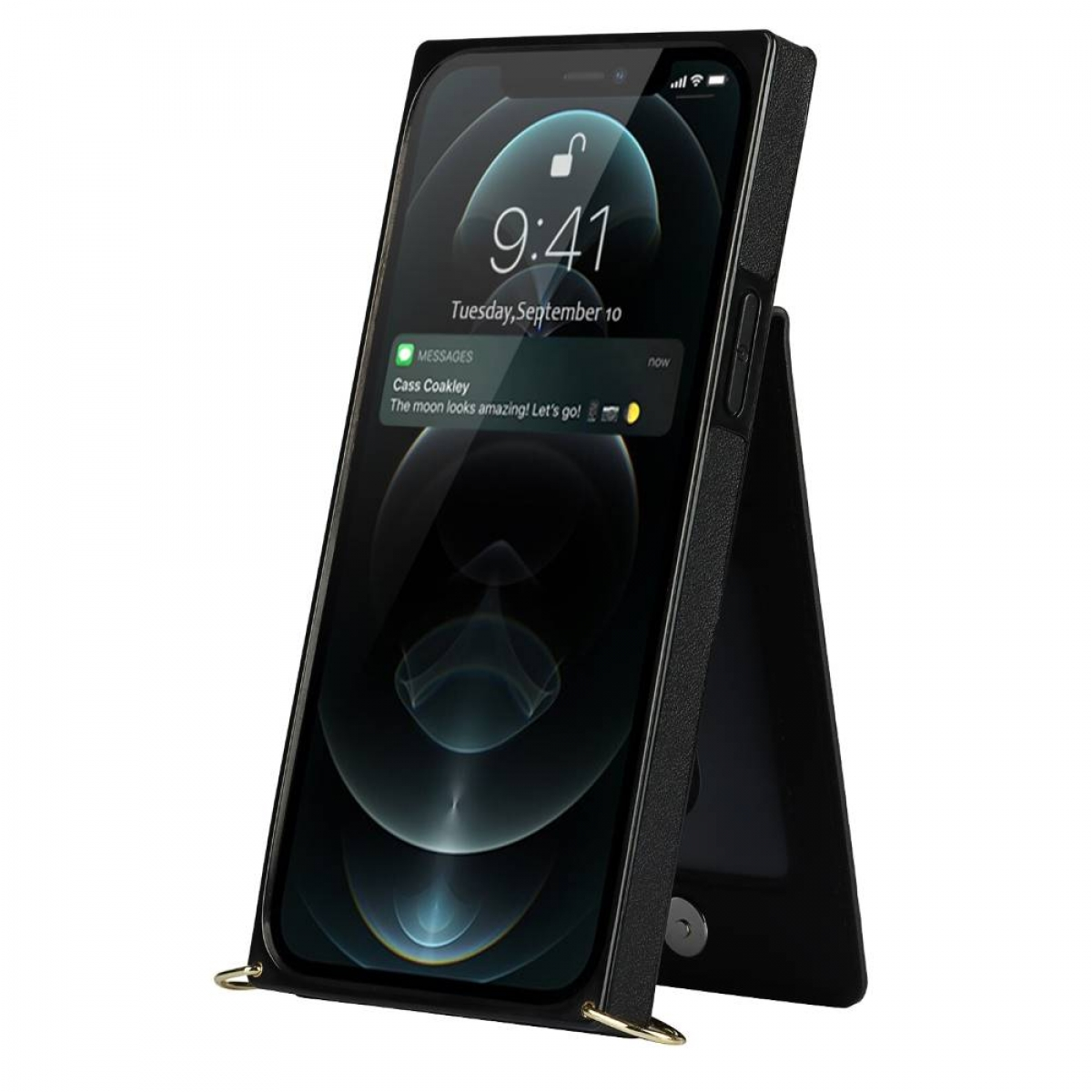 Ein schwarzes Telefon steht auf einem Ständer und zeigt eine Nachricht auf dem Bildschirm an.