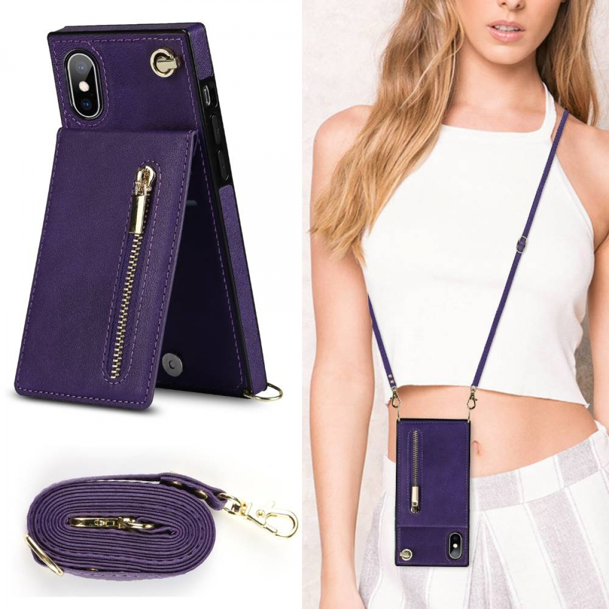 CASEONLINE Zipper Necklace, X, iPhone Umhängetasche, Violett Apple