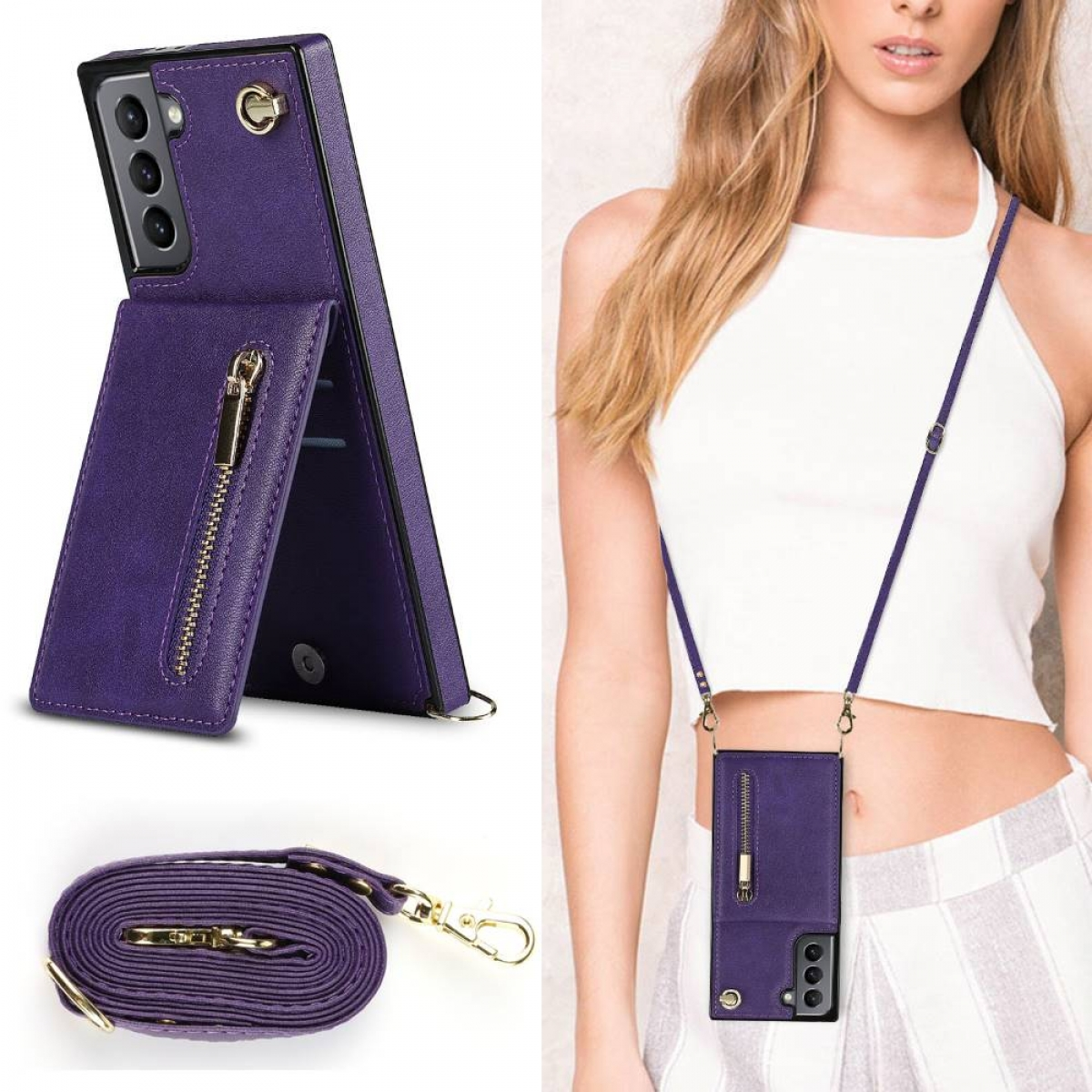 CASEONLINE Zipper Galaxy S21 Umhängetasche, FE, Violett Samsung, Necklace