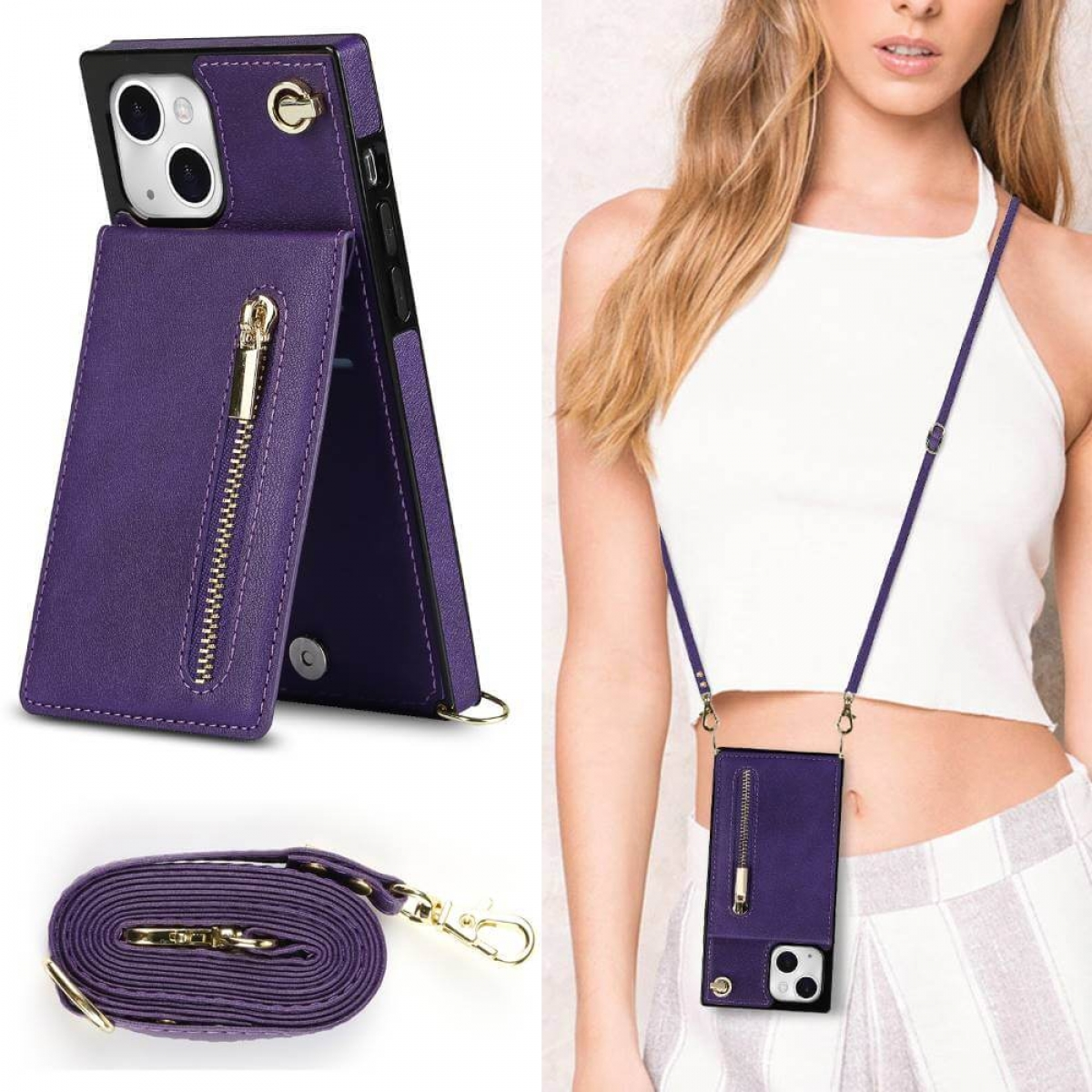 CASEONLINE Zipper Necklace, Umhängetasche, Apple, 13, iPhone Violett