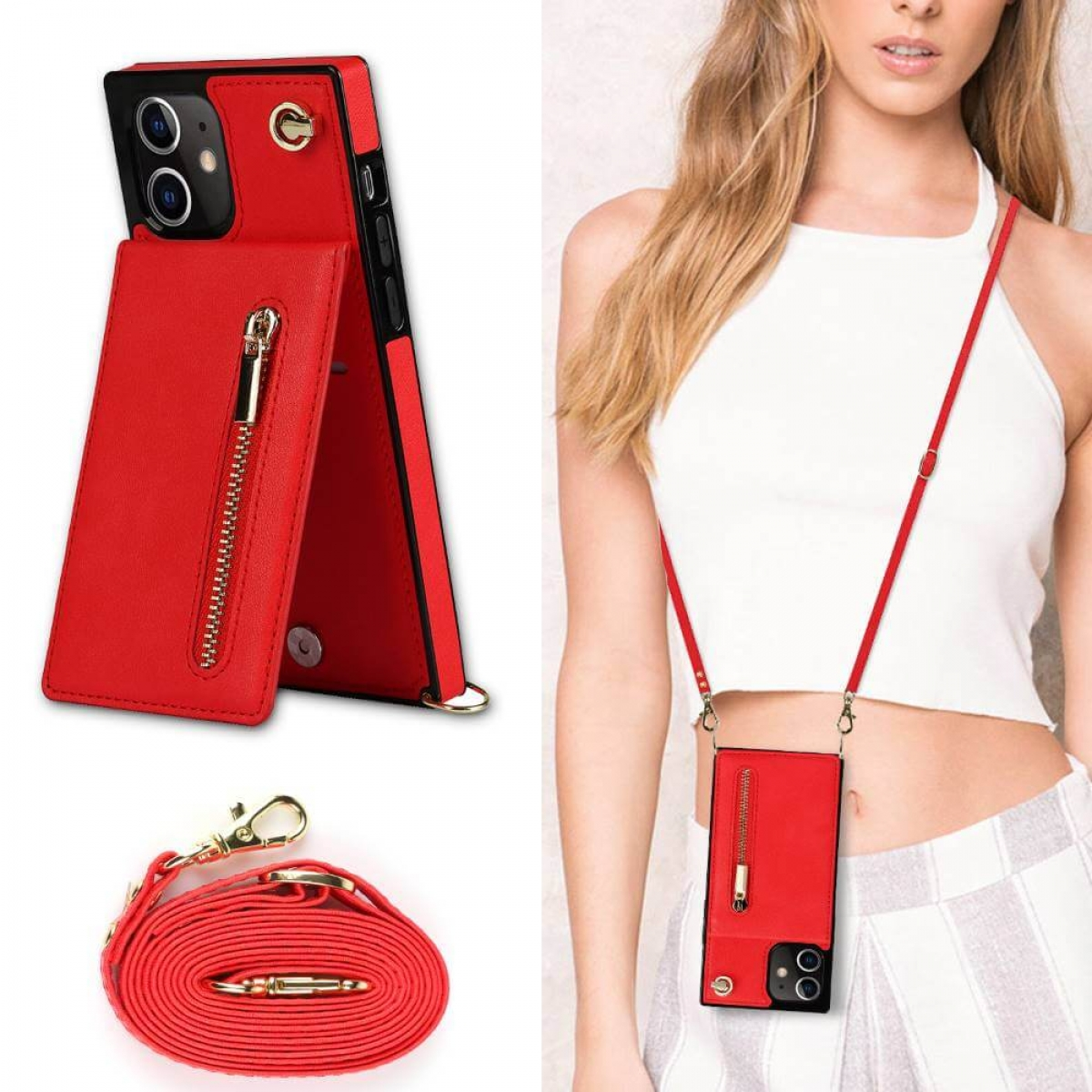 Umhängetasche, Necklace, Zipper 12 CASEONLINE Rot iPhone Apple, Mini,