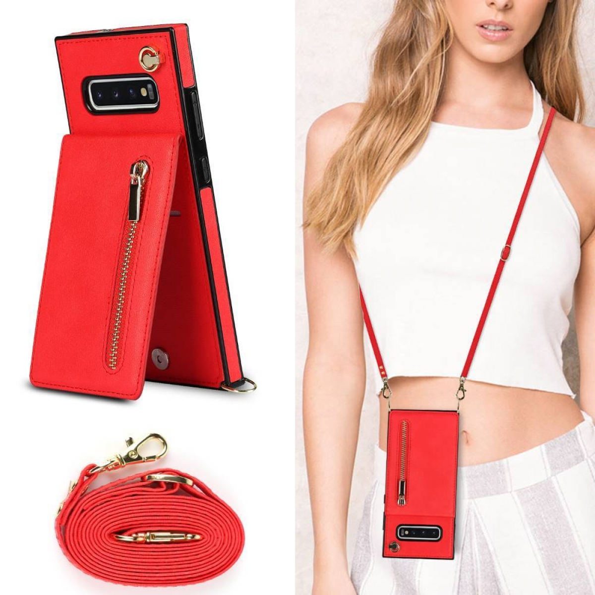 CASEONLINE Zipper Umhängetasche, Plus, S10 Rot Necklace, Galaxy Samsung