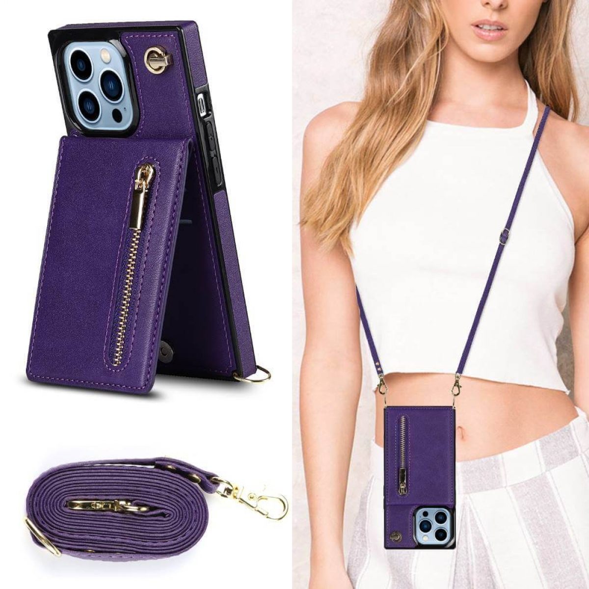 CASEONLINE Zipper Necklace, Umhängetasche, iPhone Apple, Pro, 13 Violett