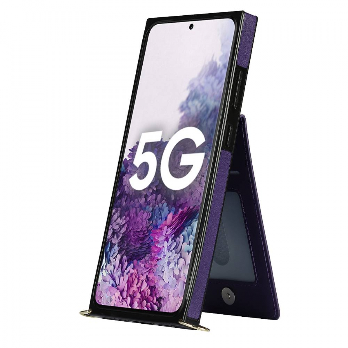 Lila Handyhülle mit Ständer, die ein Telefon mit 5G-Logo unterstützt.