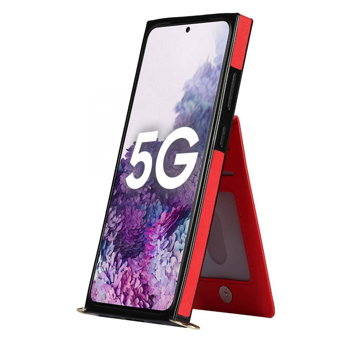 Eine rote Handyhülle, die ein Telefon mit 5G-Anzeige hält. Die Hülle steht.