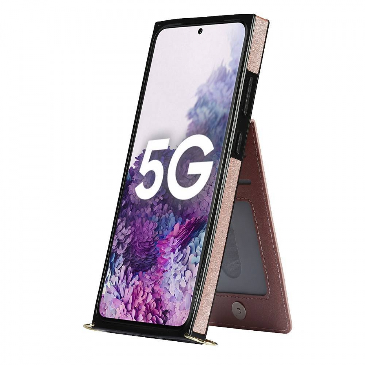 Ein Telefon in einer Hülle, hochgestellt. Der Telefonbildschirm zeigt das Wort 5G über einem Bild an.