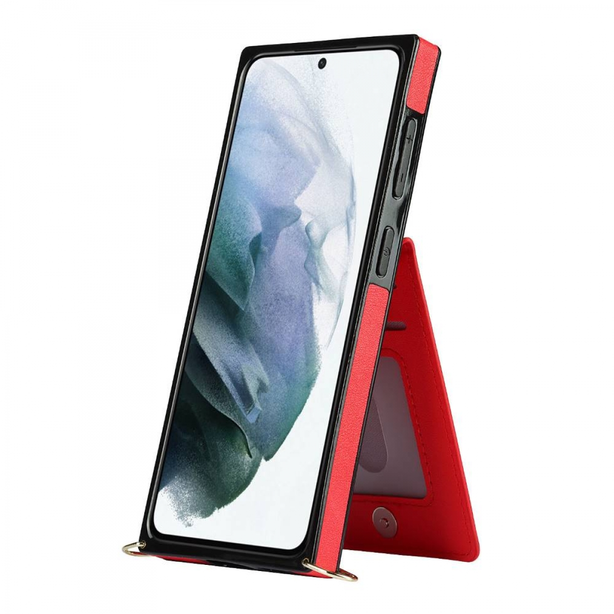 Eine rote Handyhülle mit Ständer. Das Telefon befindet sich in der Hülle und ist aufrecht. Die Hülle hat einen roten Akzent.