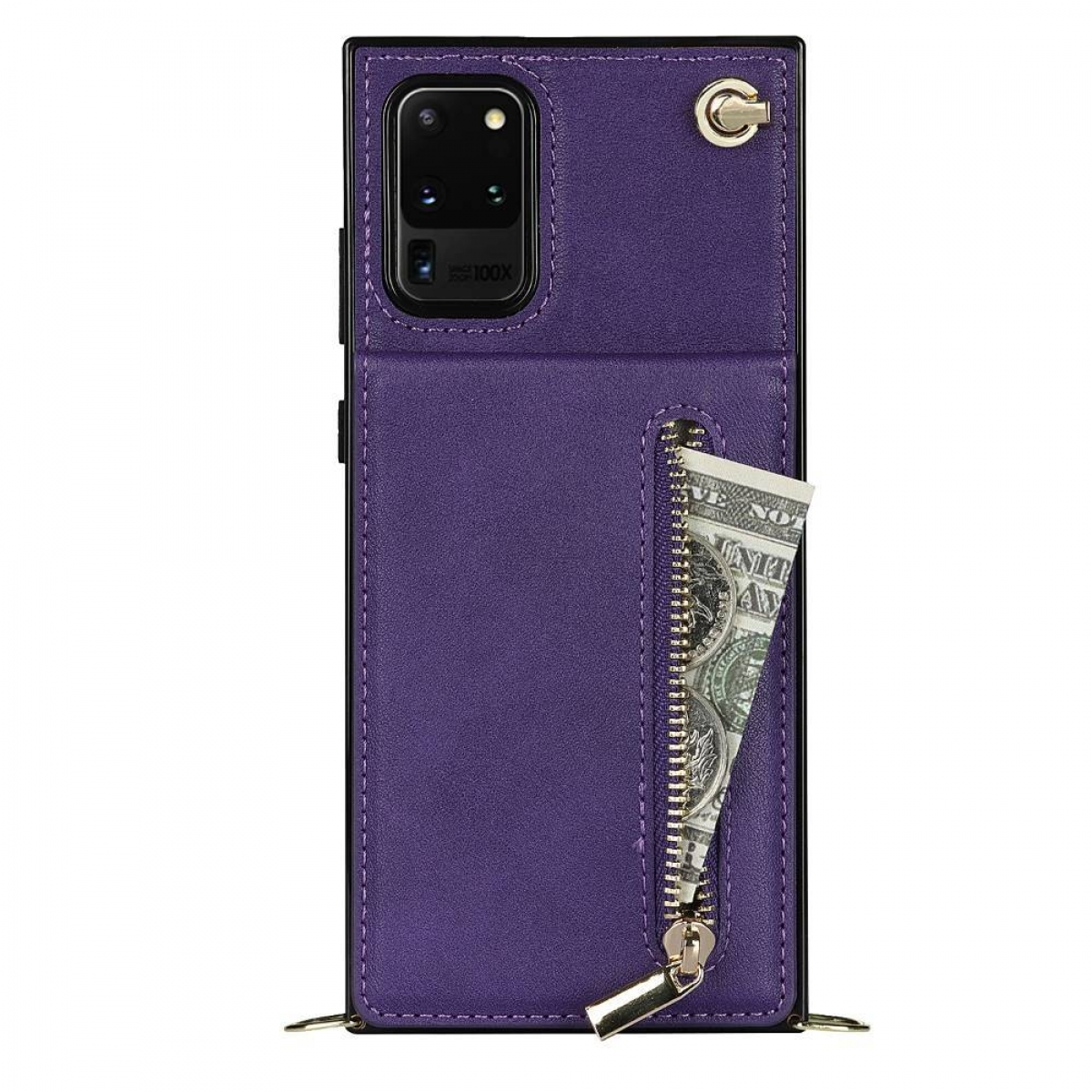Lila Handyhülle mit Reißverschlusstasche, die einen Dollarschein enthält. Das Telefon hat eine Kamera und einen Riemen.