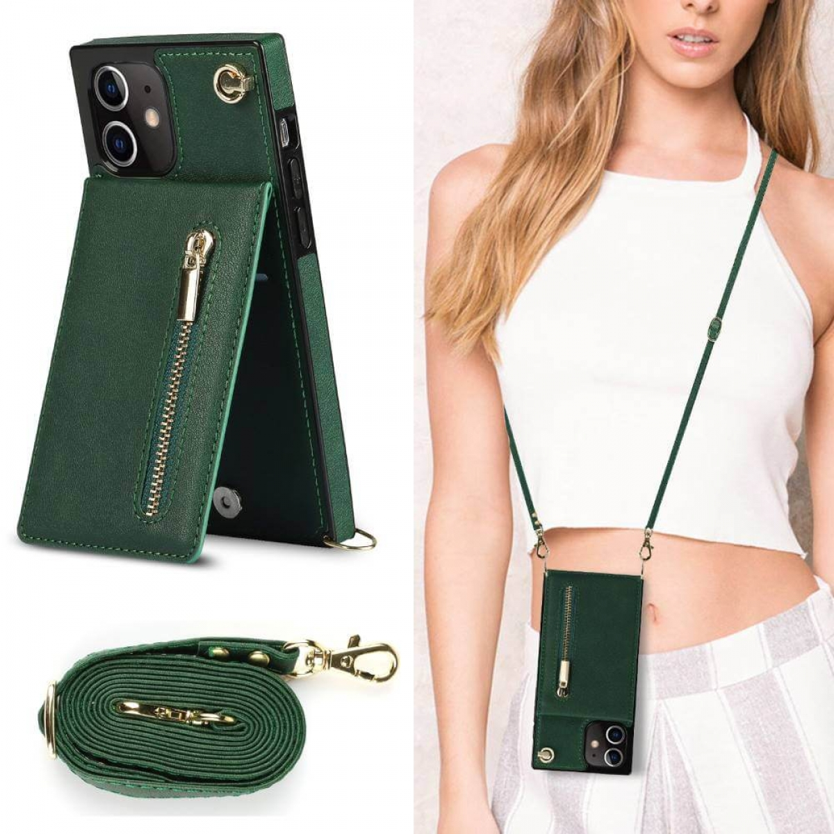 CASEONLINE Zipper Umhängetasche, iPhone 12 Necklace, Grün Apple, Mini