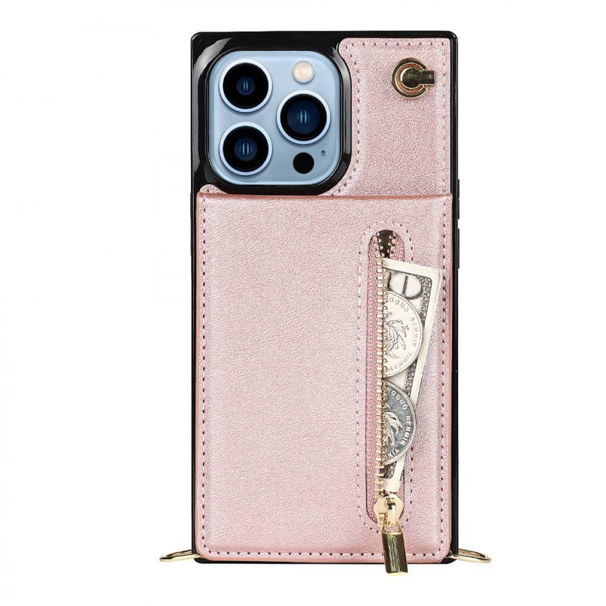 Rosafarbene Handyhülle mit Reißverschlusstasche, die Bargeld enthält. Telefon mit sichtbaren Dreifachkameras.